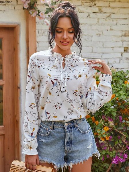 

women's blouses & shirts houthion blouse long sleeve shirt summer slim ruffle floral print v-neck bow casual fashion, White