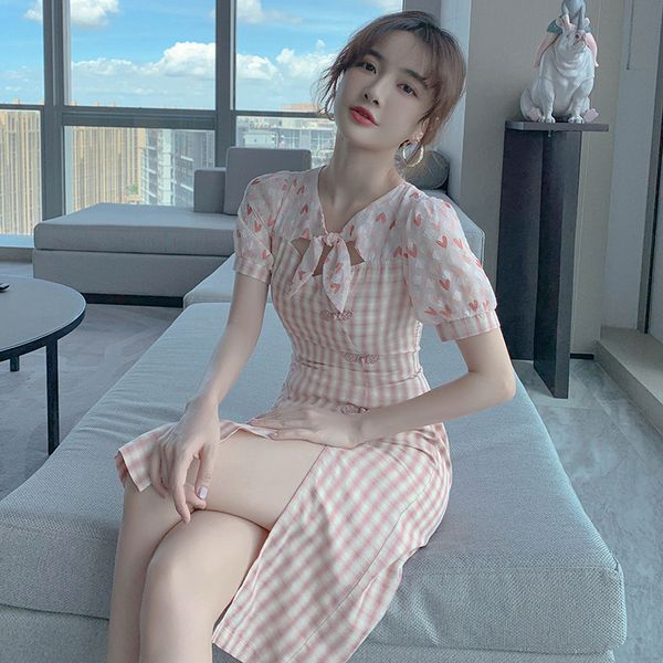 

pink plaid dress for women short sleeve cheongsam summer casual bow vintage clothing single breasted slit leg dresses, Black;gray