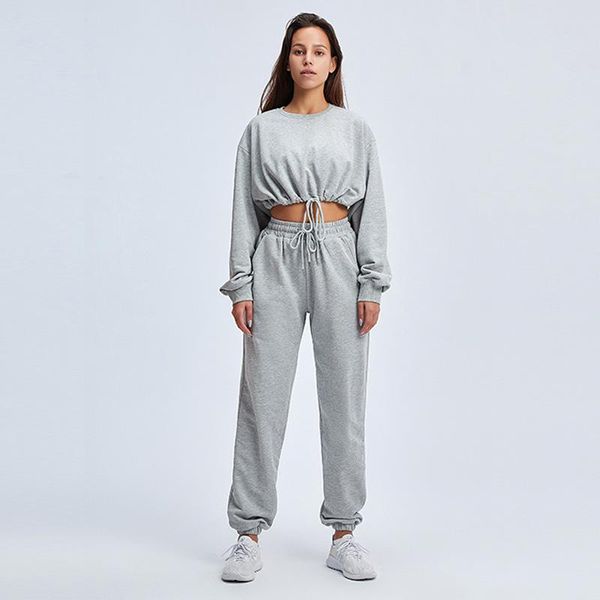 

yoga outfit autumn winter set fitness long sleeve crop sport sweatshirts gyms sportswear elastic waist trousers sweatpants