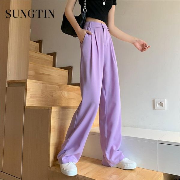 

women's pants & capris sungtin korean loose plus size wide leg women spring elastic high waist female purple chic black straight trouse, Black;white
