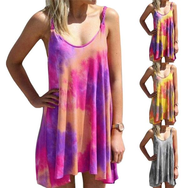 

summer women sleeveless party rainbow printed glamorous mini dress tie dyeing graffiti beach vestidos women's t-shirt, White