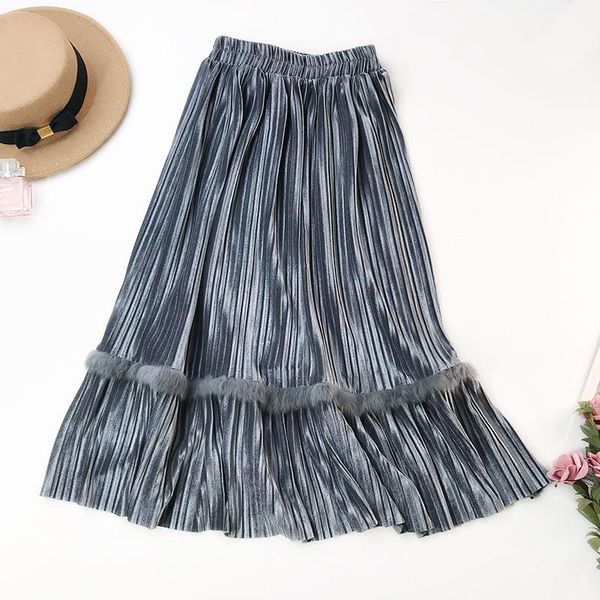 

skirts 2021 spring arrival hair stitching large pendulum vintage skirt korean style velvet pleated, Black