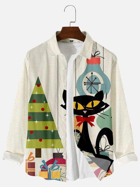 

men's casual shirts 2021 christmas cat pattern 2 digital printing loose large button long sleeve cardigan shirt, White;black