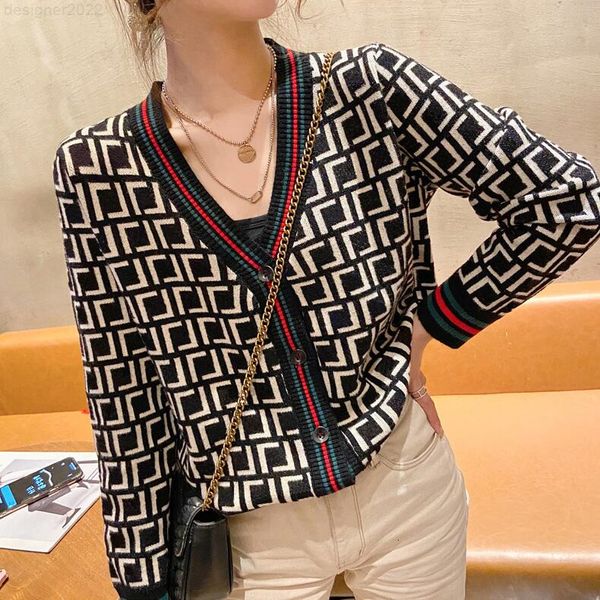 

v-neck long-sleeved fashion knit womens sweaters cardigan loose casual jacket korean brand designer letters embroidery print sweater sweet, White;black
