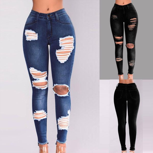 

denim pants summer slim womens jeans plus size ripped hole gradient long regular high waisted 7, Blue