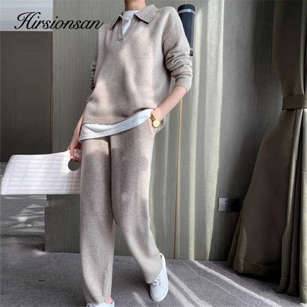 

hirsionsan cashmere turn down neck knitted sets women winter casual two pieces sweater and pants loose outfits tracksuit 211109, Gray