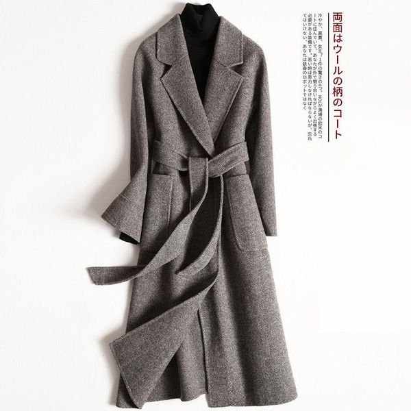 

women's wool & blends winter women woolen coats long elegant turn down collar coat with belt open stitch design female overcoat casaco, Black