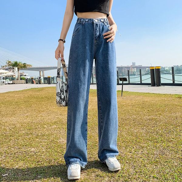 

women's jeans vintage straight high waist woman denim pants full length trousers womens clothing black korean fashion streetwear, Blue