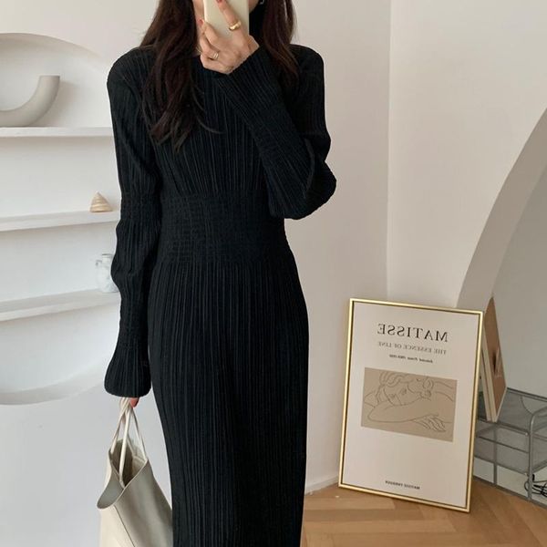 

casual dresses o-neck french elegant retro black dress pleated 2021 sheath women flare sleeves soft chic fashion solid long autumn, Black;gray