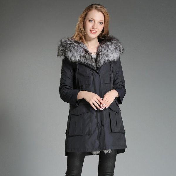 

women's fur & faux natural liner parka real coat winter jacket collar long jackets for women warm outwear my, Black
