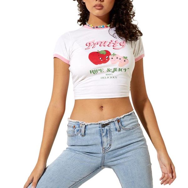 

women's t-shirt ladies summer round collar cartoon heart/animal/fruit/letter printing short sleeve midriff-baring slim base shirt, White