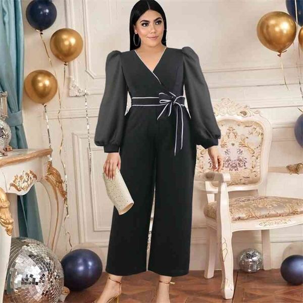 Tute da salto per donna Scollo a V aderente Manica lunga a lanterna Tute a vita alta Tute da sera per ufficio Outfit Plus Size 5XL 210527