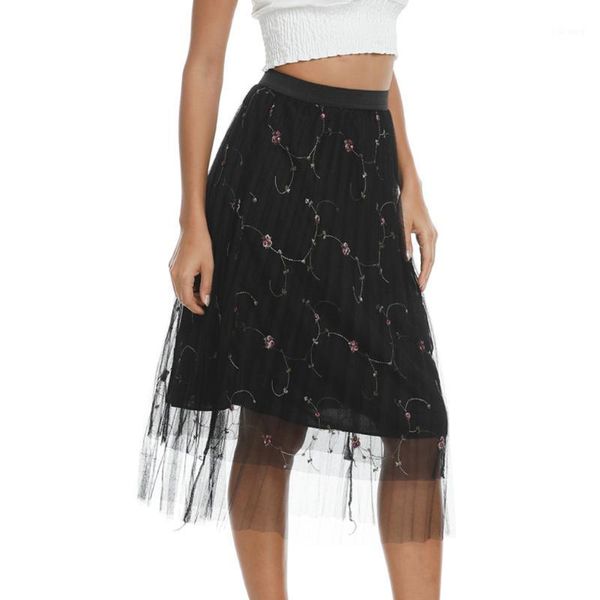 

skirts womail summer trendy clothes for woman gauze skirt elastic high waist pleated tulle mesh irregular womens 512#3, Black