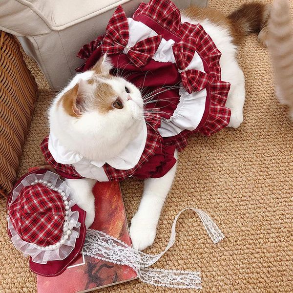 

pet dog cat plaid princess dress skirt with hat costumes