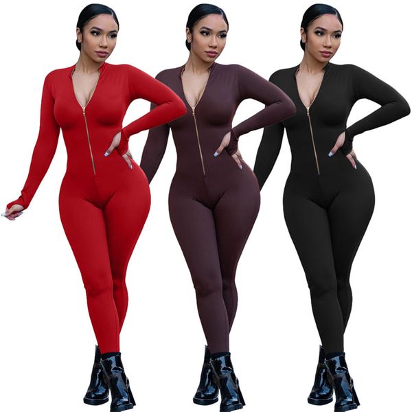 Новые женские комбинезоны с длинными рукавами, осенне-зимняя одежда, джемперы больших размеров, комбинезон на молнии спереди, повседневные черные комбинезоны, узкие боди, красные леггинсы 5872