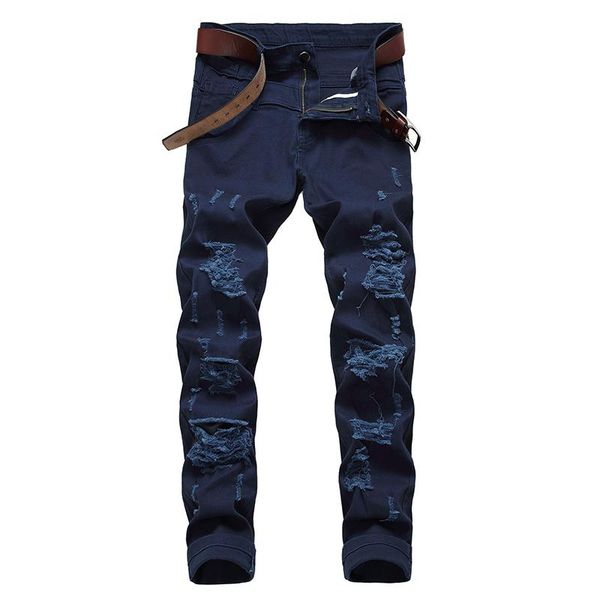 

men's jeans straight destroyed brand slim casual ripped homme fashion denim trousers cotton, Blue