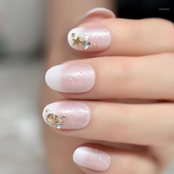 

star ring iridescent colorful glitter french false fake nails tip rhinestones pearl round press on full cover finger nail art1, Red;gold