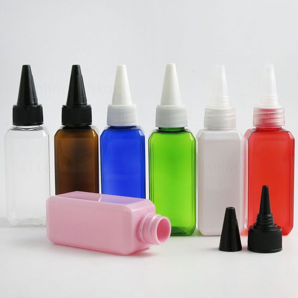 30pcs 60ml quadrado âmbar claro cor-de-rosa branco azul verde animal de estimação garrafa de plástico com boca apontada 2 oz e líquido embalagem recipiente