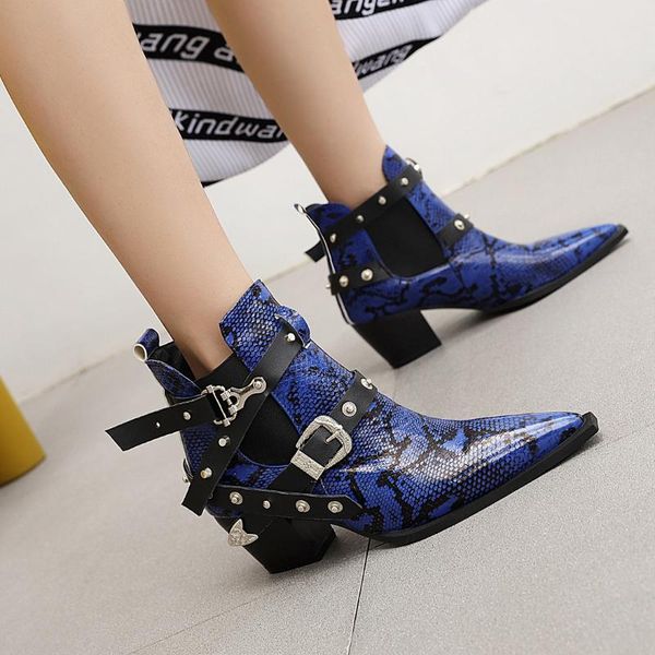 

classic women ankle boots pointed snake print motorcycle western cowboy fashion punk style rivets mid heel footwear, Black