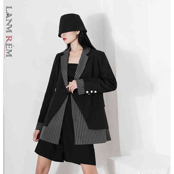 

elegant loose turn-down collar full sleeves coat patchwork striped spliced double buttons blazer female wn31901xl 210507, White;black