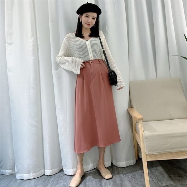 

summer arrivals simple solid color high waist slim casual plus size temperament women a-line long skirt ping 210527, Black