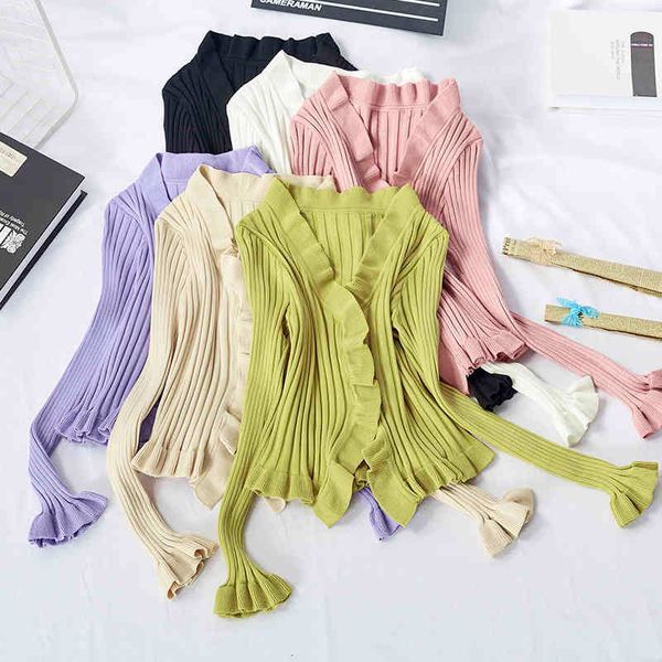 

spring autumn women's short cardigan ruffles long-sleeved knitted section exposed navel gd556 210506, White