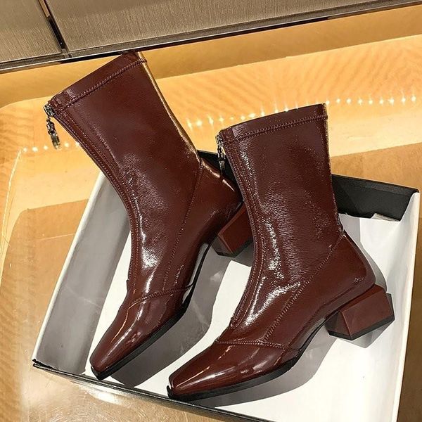 

boots eoeodoit square toe leather med heel lace up autumn spring women fashion above ankle pumps boot back zip shoes, Black