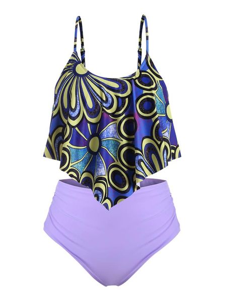 

one-piece suits prined flounce ruched plus size tankini swimsuit