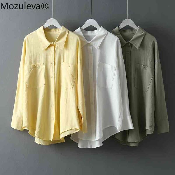 

mozuleva basic white shirts for women spring summer turn-down collar double pockets office ladies blouse female blusas 210409