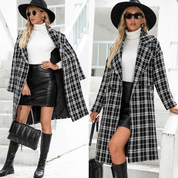 

women's wool & blends women plaid long coat pockets single breasted simple elegant loose ladies streetwear all-match womens woolen outw, Black