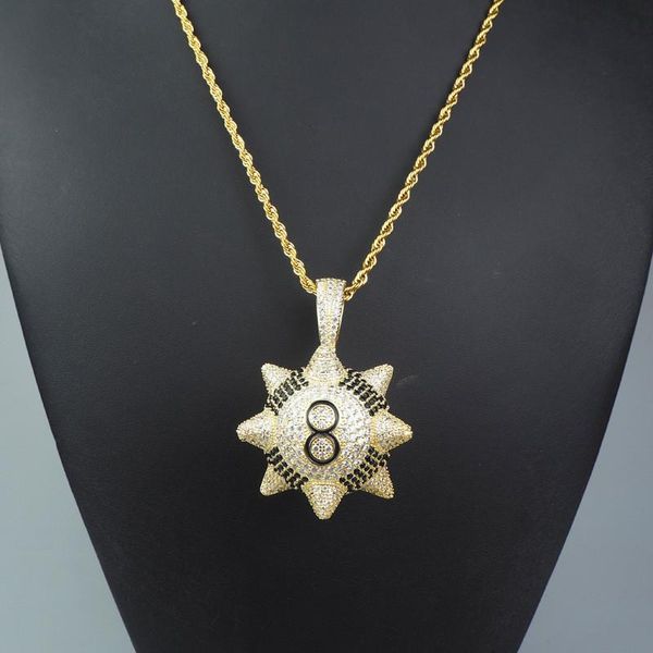 

iced out spike black 8-ball billiard pendant necklace with miami cuban chain hip hop rapper jewelry gifts necklaces, Silver