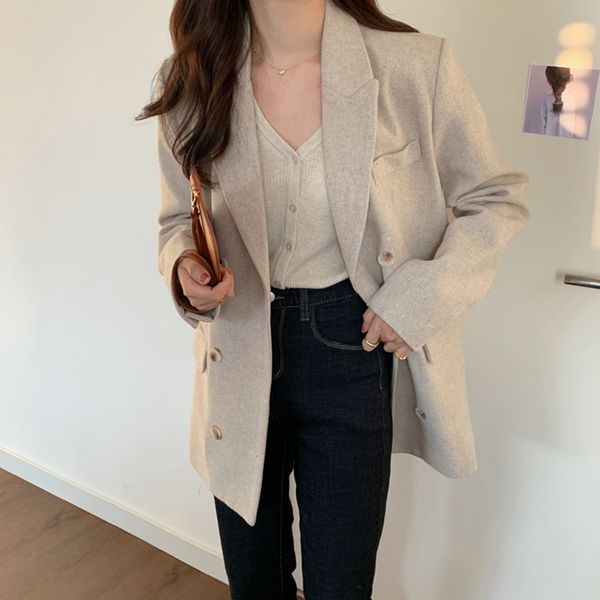 

ol basic notched oatmeal woolen blazer coat autumn winter formal double breasted women blazers suit jacket 210421, White;black