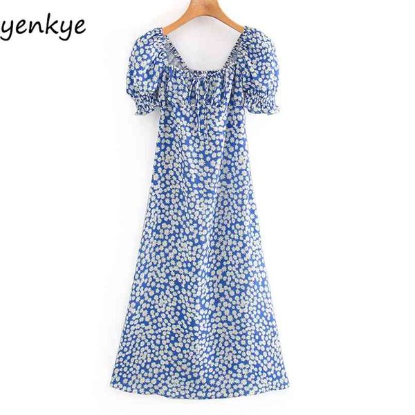 

blue daisy floral print dress women short sleeve square neck slits summer lady high waist a-line midi elegant 210514, Black;gray
