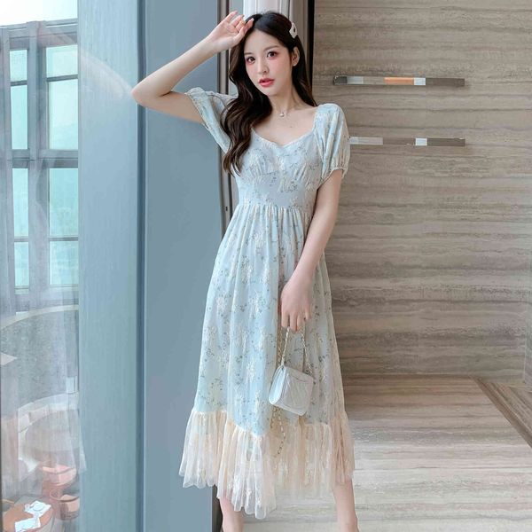

comelwomen ruffles floral print chiffon dress summer sweet tender mesh lace dresses lady long elegant fairy vestido 210515, Black;gray