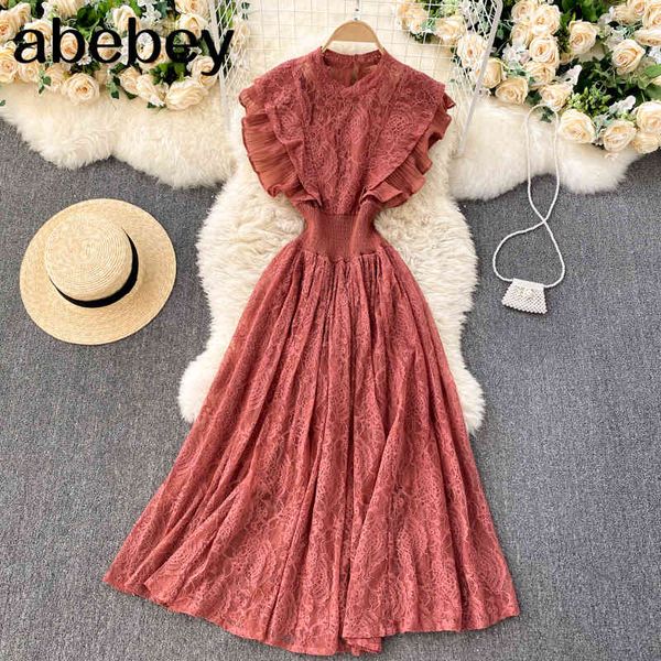 

women french elegant lace dress o neck ruffle hollow backless a-line summer elastic ruched streetwear midi 210512, Black;gray