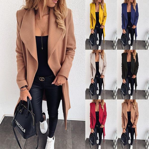 

women's trench coats solid color lapel mid-length bandage woolen coat, Tan;black