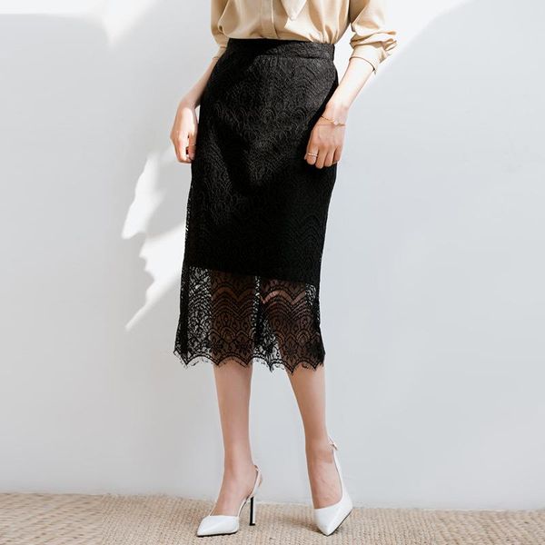 

skirts skirt women's spring and summer elegant 2021 mid-length lace all-match, Black