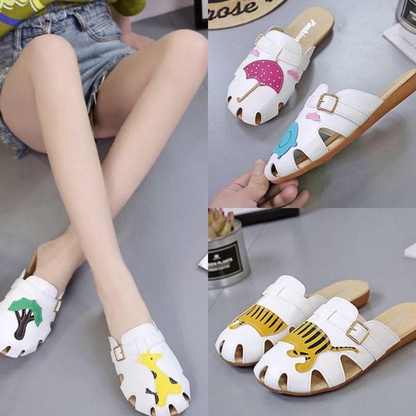 

summer women's sandals and slippers 2021 color matching cartoon cute baotou flat bottom casual comfortable wild word slipper, Black