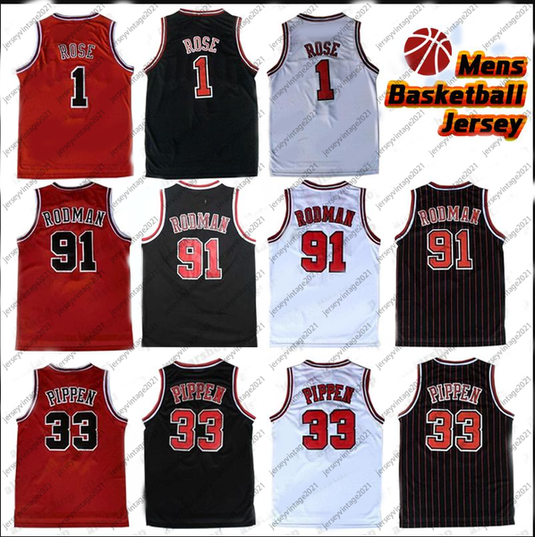 

new mens 1 derrick rose 91 dennis rodman breathable sport basketball jersey sportswear 33 scottie pippen jerseys size s-2xl 100% stitched, Black;red