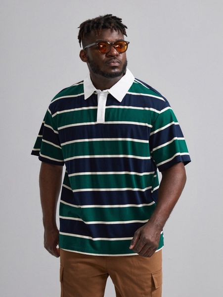 

extended sizes men striped colorblock contrast collar polo shirt e08g#, White;black