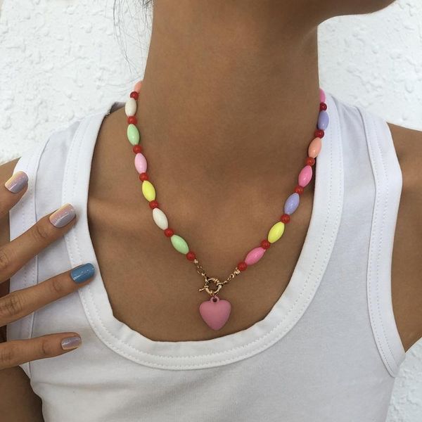 

pendant necklaces korean pink love heart necklace for women sweet colorful round strand beaded chain short valentines jewelry, Silver