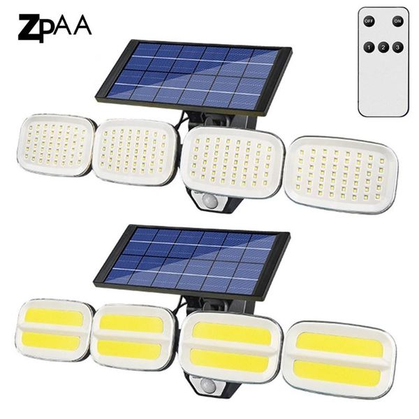 

solar lamps led cob garden lights outdoor security light wall lamp waterproof pir motion sensor smart remote control 4 heads