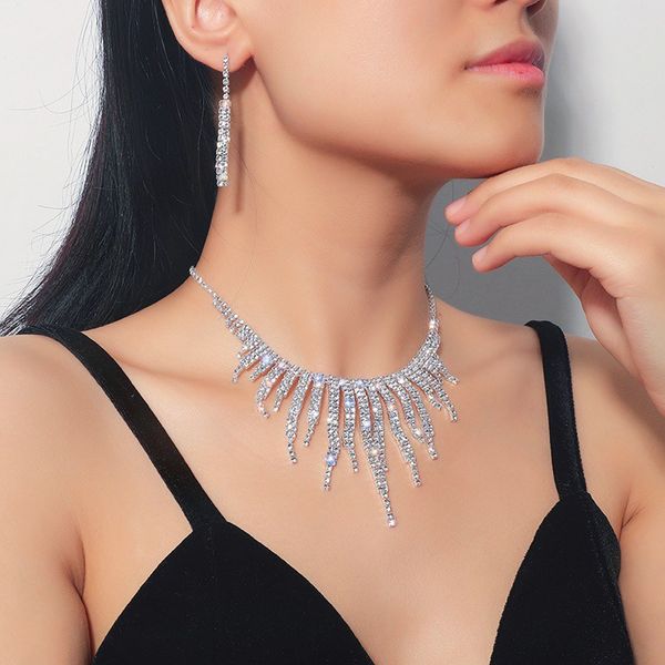 

fashion ladies jewelry necklace earrings set tassel inlaid rhinestones bridal wedding party banquet dress accessories show valentine's, White