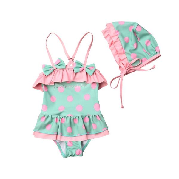 

one-piece suits children swimwear toddler girls dot summer romper cap swimsuit tankini dress beachwear size 2-6t