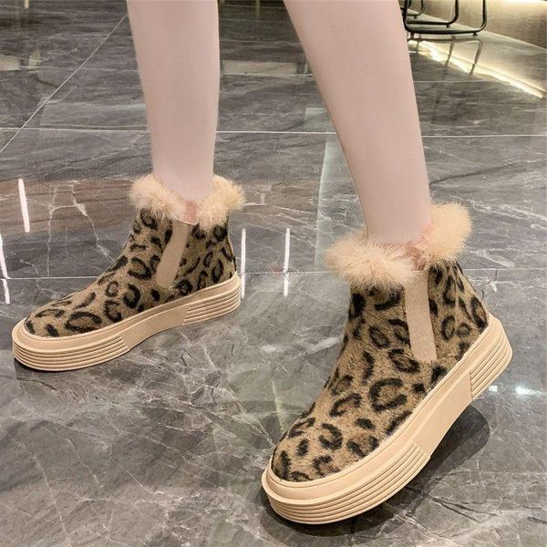 

boots leopard for women short ankle with fur brand winter shoes warm round toe casual female snow non slip, Black