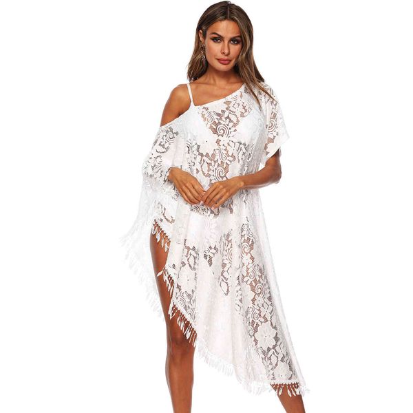 

women's women beach bikini cover ups swimwear lace crochet embroidered tassel offshouler irregular sunscreen bathing suit summer s, White;black