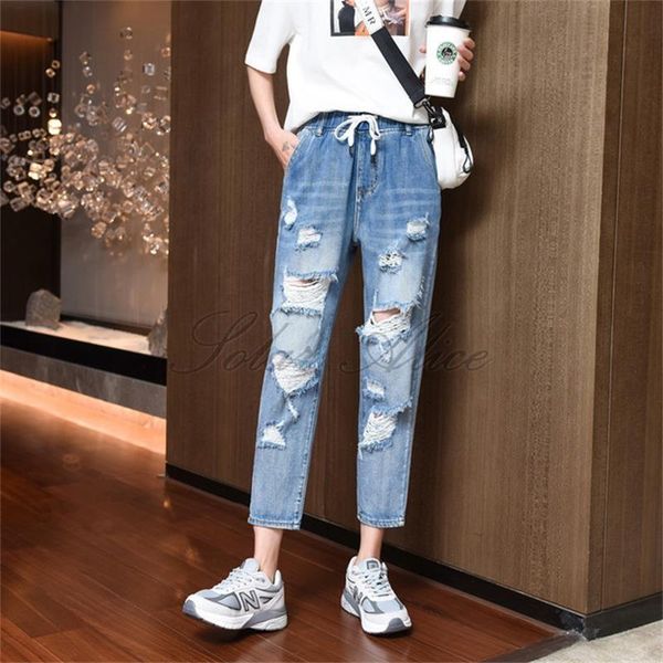 

women's jeans 2021 spring and summer high waist ripped ankle-length large size thin beggar pants, Blue
