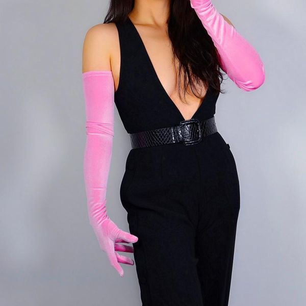 

five fingers gloves 2021 velvet 70cm 28" extra long stretchy elastic flannel light pink women velour touch screen, Blue;gray