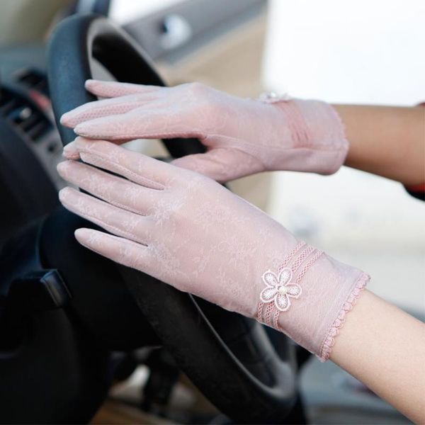 

sun protection gloves female summer uv thin section driving lace silk five fingers, Blue;gray