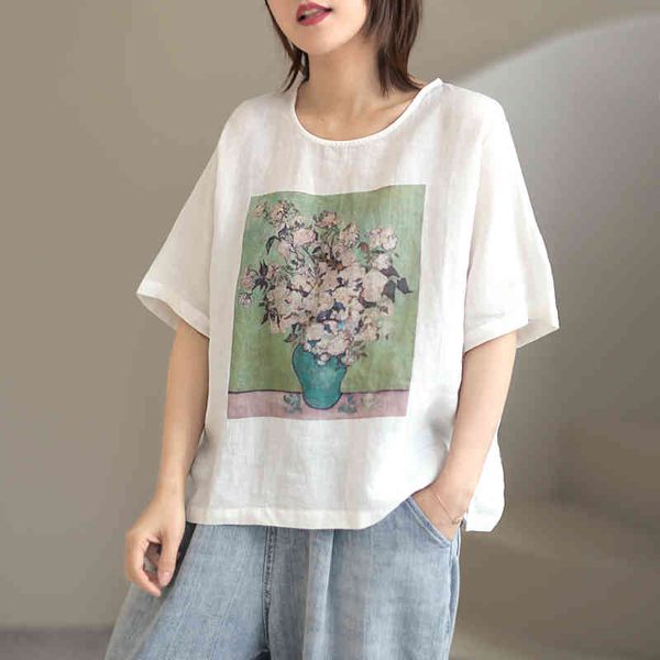 Johnature Frauen Vintage Print Floral Leinen T-Shirts Weiß Oansatz Kurzarm T-shirts Sommer Lose Weibliche Kleidung T-shirts 210521